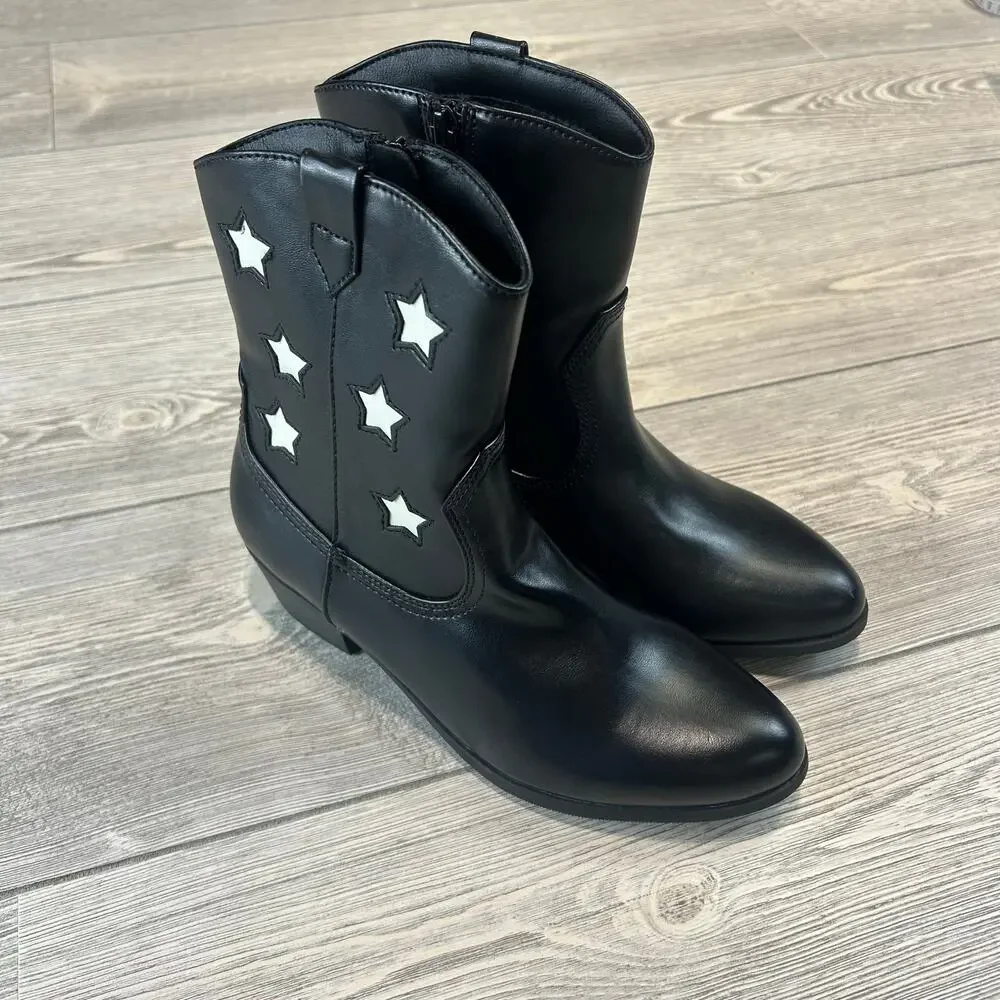 Cat & Jack 4 Girls Black Star Cowboy Boots White Inset NWT Side Zip
